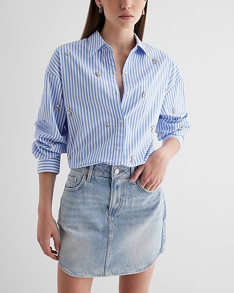 Poplin Embellished Striped Boyfriend Portofino Shirt | Express