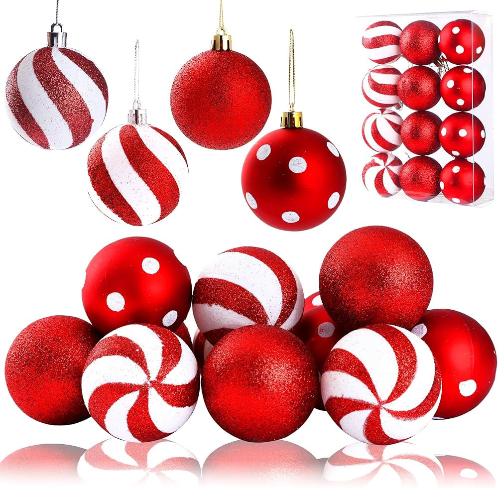 Sggvecsy 12 Pcs Peppermint Balls Ornaments 4 Styles Balls Red White Xmas Balls Hanging Stripes Or... | Amazon (US)
