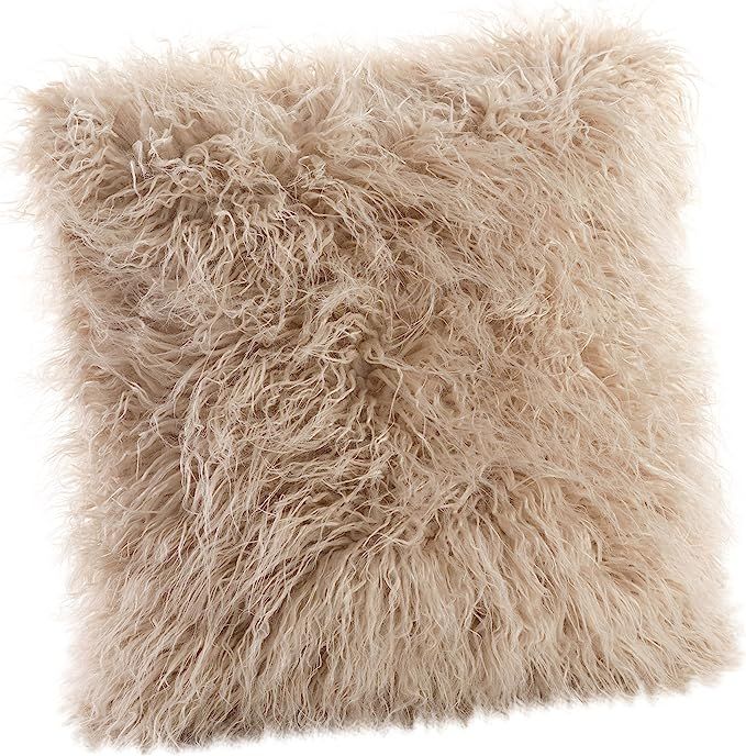 SARO LIFESTYLE Mongolian Faux Fur Poly Filled Throw Pillow, 18", Oatmeal | Amazon (US)