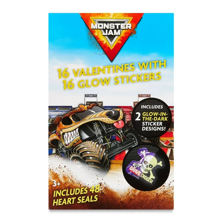 Monster Jam Valentine Exchange Cards with GID Stickers, Valentine's Day, Paper, 16 Count | Walmart (US)