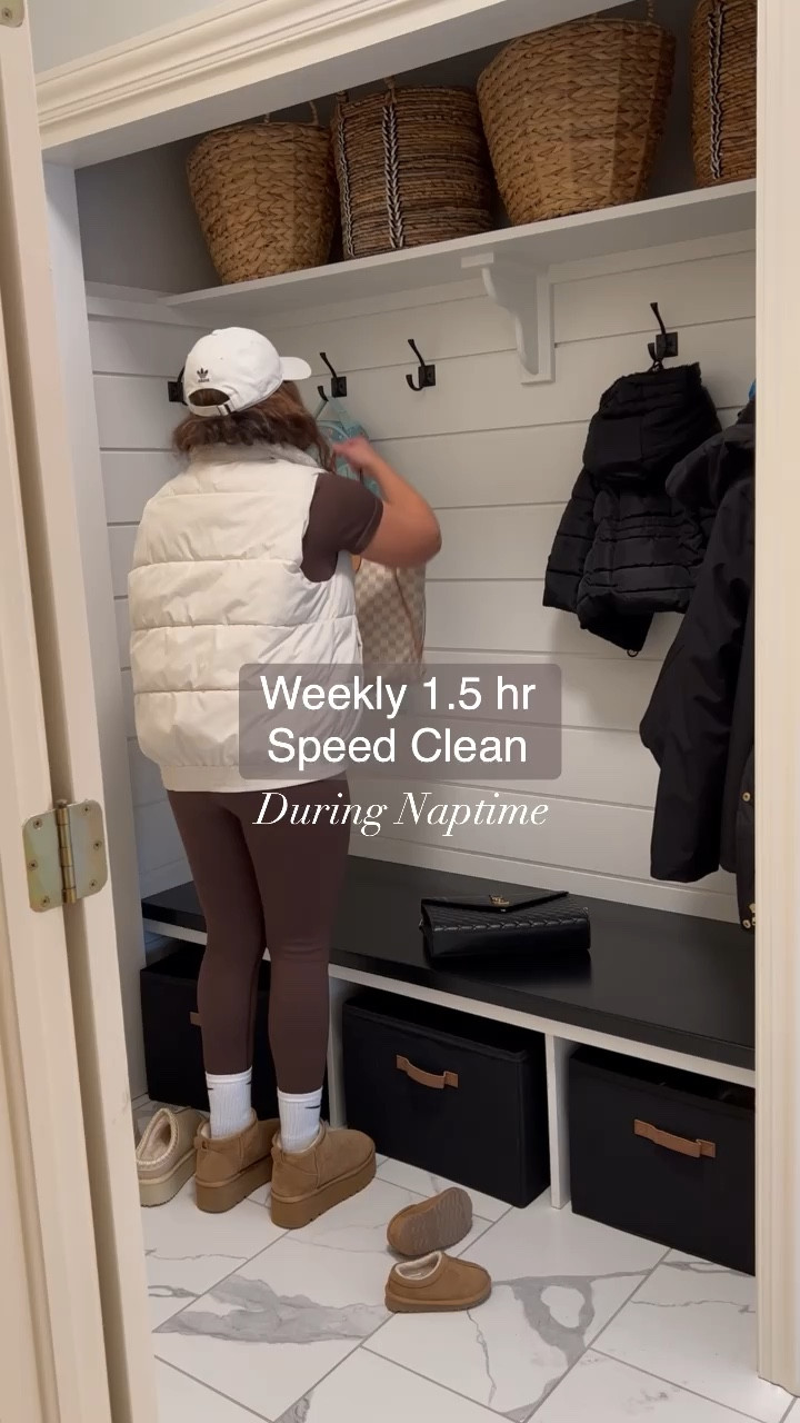 If only it were actually this fast 😅 When Elle is at school or staying at DD and Papa’s it’s my time to tidy up! As a SAHM this is my time to get one deeper cleaning task checked off my list + daily tasks done. I try to run the wet-dry vacuum 1-2 times a week on the kitchen and laundry room/mud room. Honestly, it’s a workout because I’m cleaning as fast as I possibly can since I’m never sure when the baby could wake up 😂. 

Linked the exact mud room baskets, shoe containers, wet-dry vacuum, and more home details on my LTK page @sarahguiler. You can always comment on the post for a direct link and I’ll send it to you! 

#sahm #vlog #momcleaningroutine #whatididduringnaptime #momlife #momoftwo #cleaninghacks #cleaningroutine #sahmroutine #mudroom #masterbedroom #toddlerroom #homeorganization 

#LTKhome #LTKVideo #LTKfamily