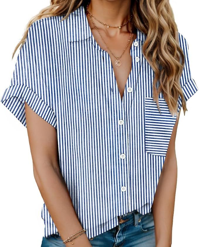 HOTOUCH Linen Cotton Womens Short Sleeve Shirts V Neck Collared Button Down Blouse Tops S-3XL | Amazon (US)