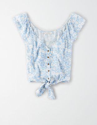 AE Tie Front Button Up Blouse | American Eagle Outfitters (US & CA)