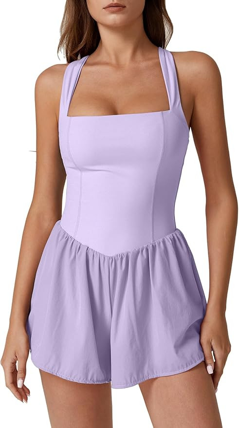 QINSEN Women's Square Neck Sleeveless Romper Jumpsuit Casual Summer One Piece Outfit with Pocket | Amazon (US)