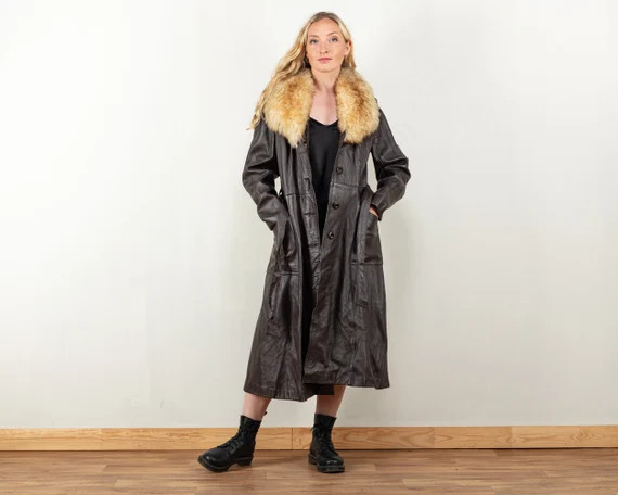 Brown Leather Coat Vintage 70's Shearling Collar Midi - Etsy Canada | Etsy (CAD)