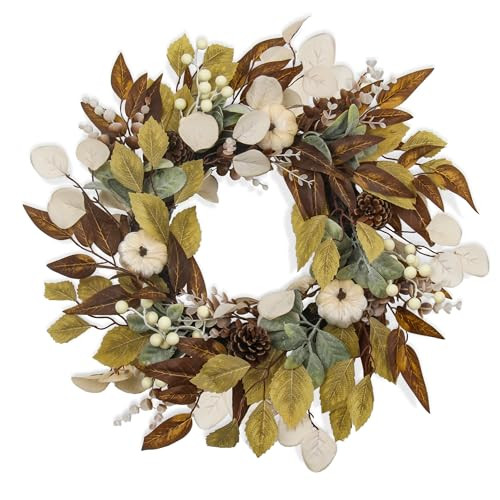 Goviraye 23.6 Inch Fall Wreath for Front Door, Autumn Thanksgiving Wreath with White Pumpkins, Pinecones, Eucalyptus Leaves, White Berries and Mixed Fall Foliage, Neutral Farmhouse Harvest Decor | Amazon (US)