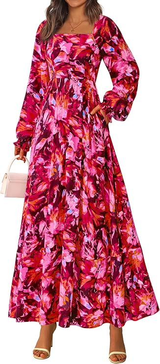 PRETTYGARDEN Women Floral Maxi Dresses 2025 Fall Long Sleeve Square Neck Boho A Line Wedding Gues... | Amazon (US)