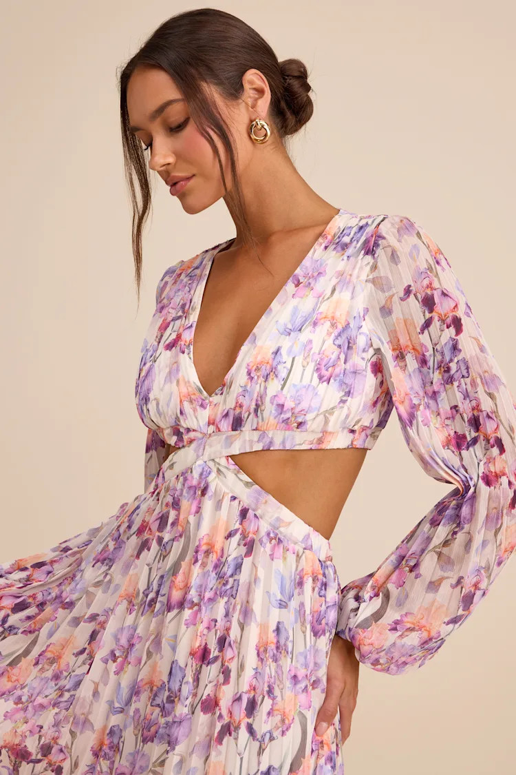 Melea Ivory and Purple Floral Pleated Cutout Maxi Dress | Lulus