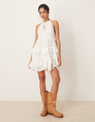 ASOS DESIGN halter ruffle mini dress with pintucks in white | ASOS | ASOS (Global)