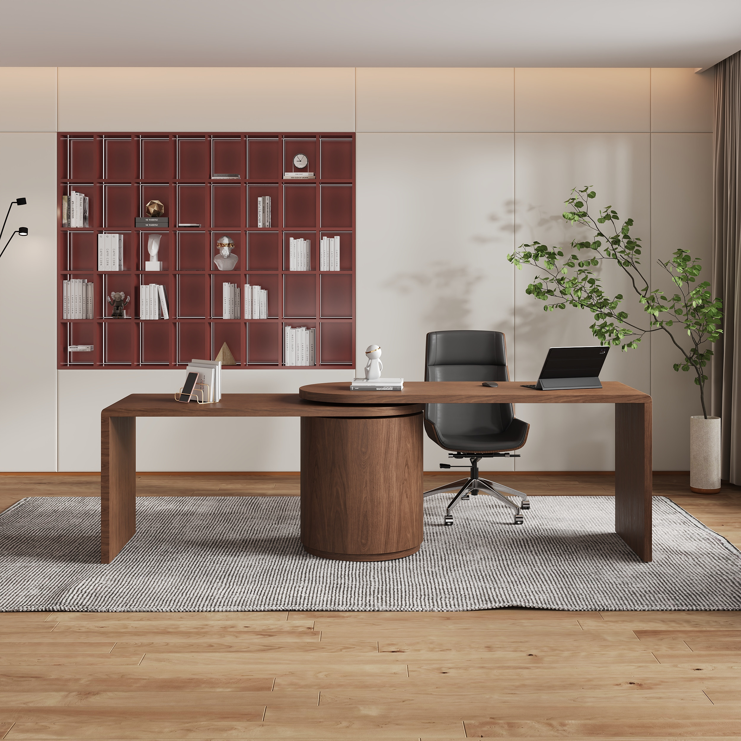 Modern L Shaped Rotating Walnut Executive Office Desk with Drawers Office Furniture (59.8'') | Homary