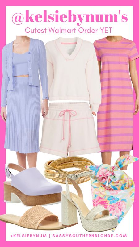 Walmart fashion. Spring Walmart finds. Pink and purple midi dress. T-shirt midi dress. Lavender midi skirt. Lounge set. Floral neck scarf. Lavender clogs. Tan platform heels. Affordable tan sandals. Spring platform heels.

#LTKunder50 #LTKSeasonal #LTKstyletip