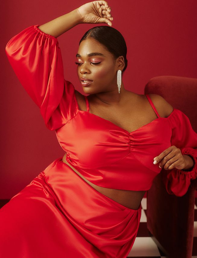 Sweetheart Neckline Cropped Satin Blouse | Eloquii