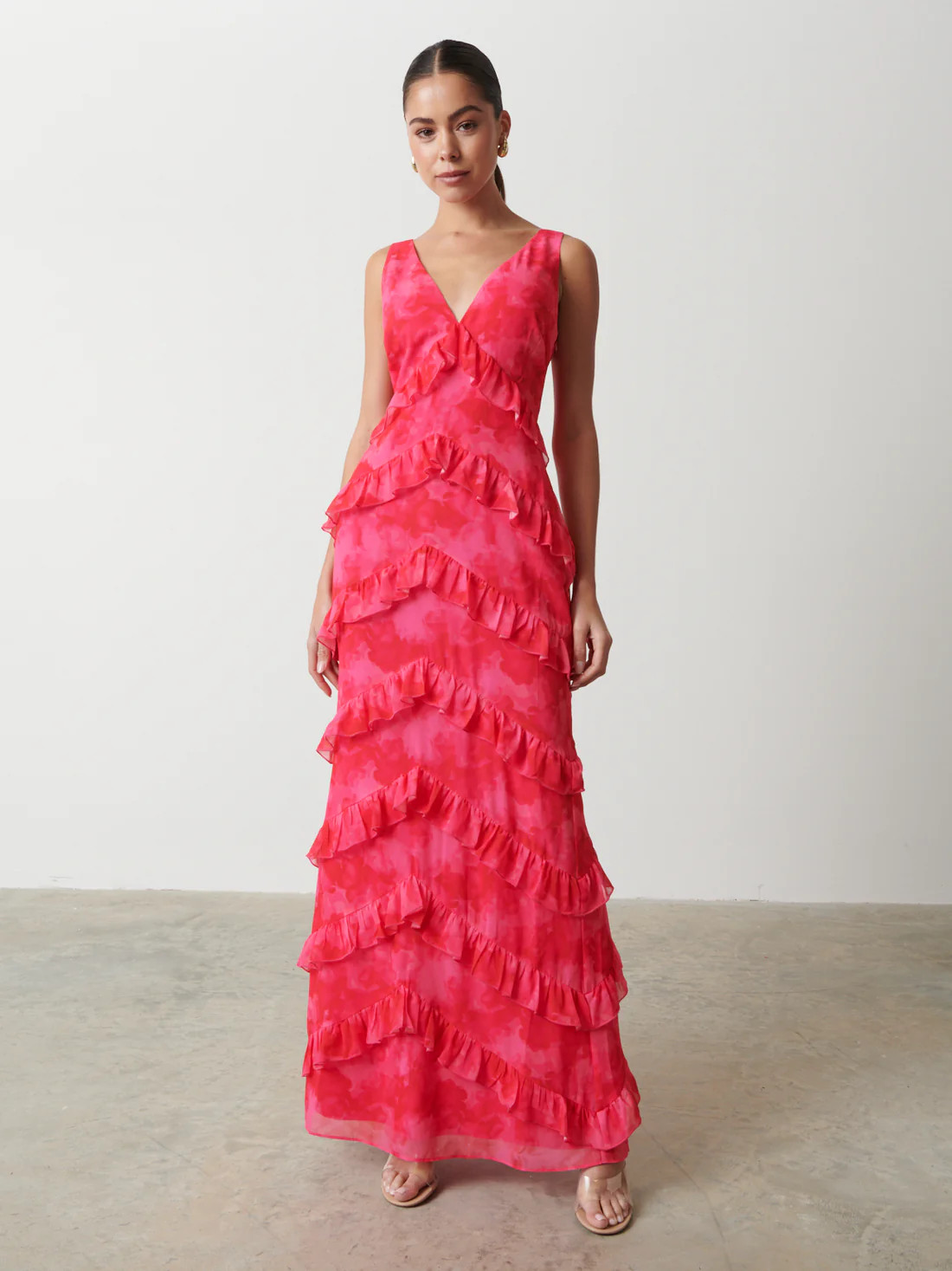 Piper Ruffle Maxi Dress - Pink and Red Watercolour | Pretty Lavish (UK)