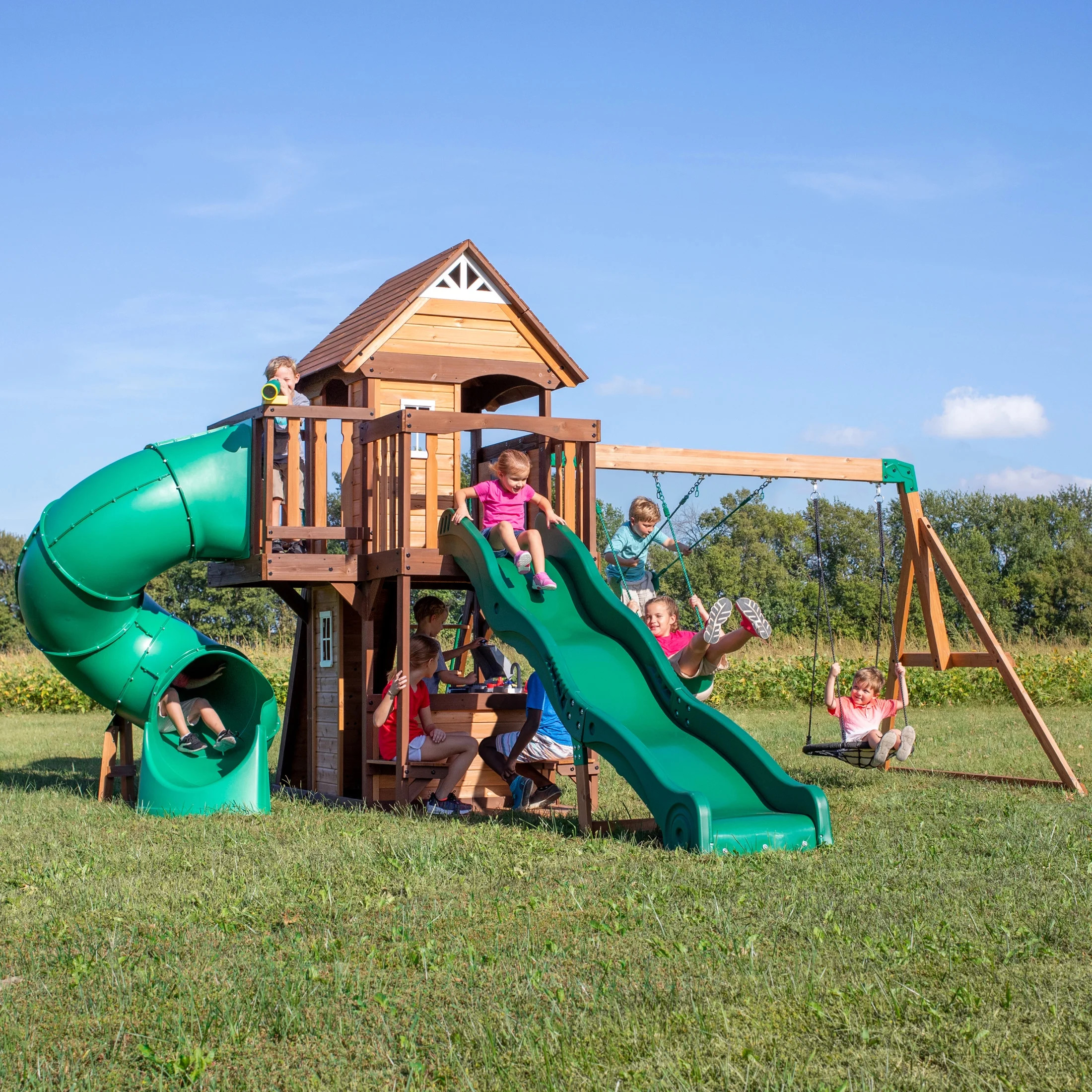 Backyard Discovery Cedar Cove Cedar Wood Swing Set, Slides, Clubhouse, Rock Wall, Grill | Walmart (US)