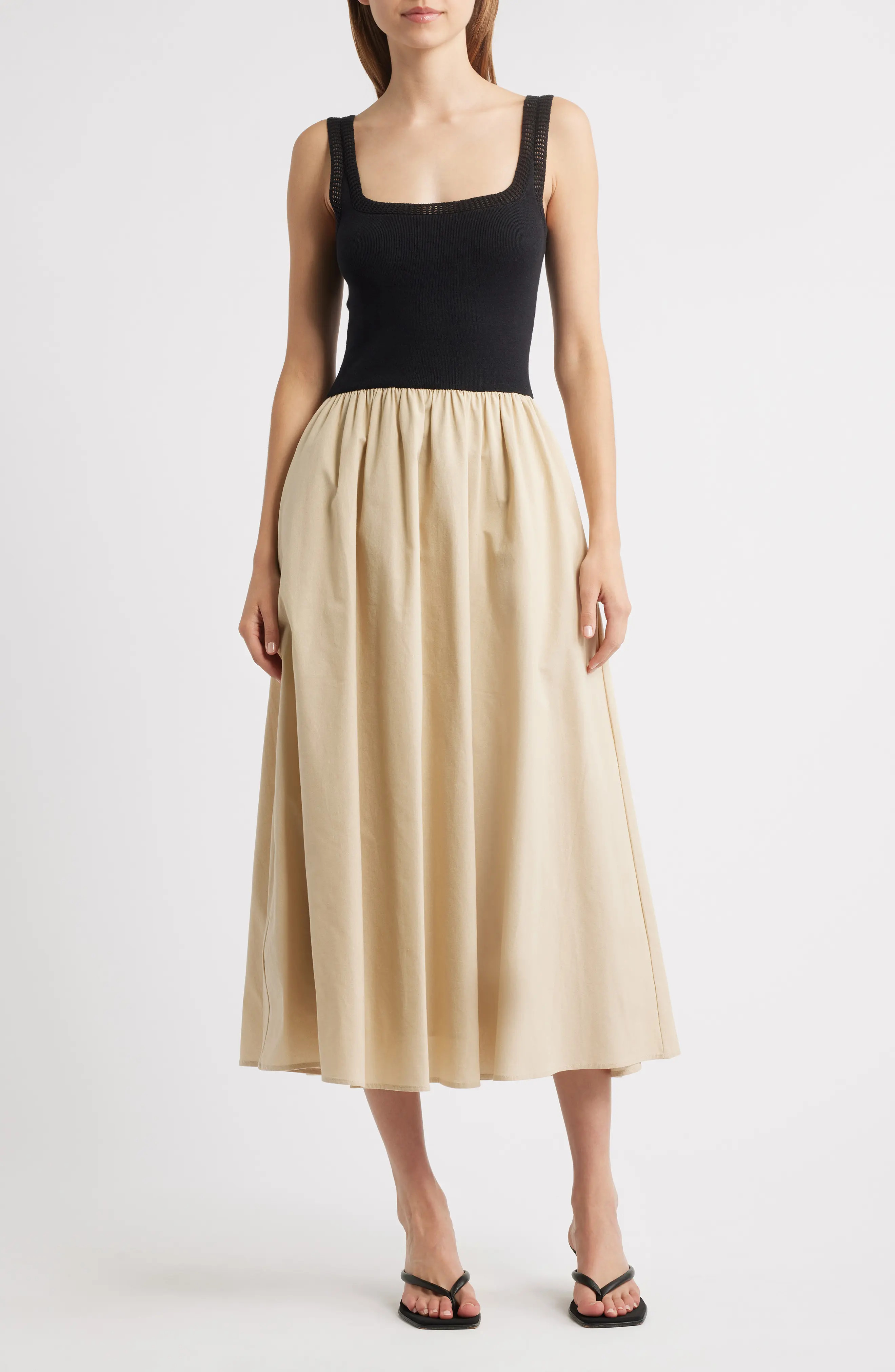 MOON RIVER Square Neck Mixed Media Midi Dress (Women) | Nordstrom | Nordstrom