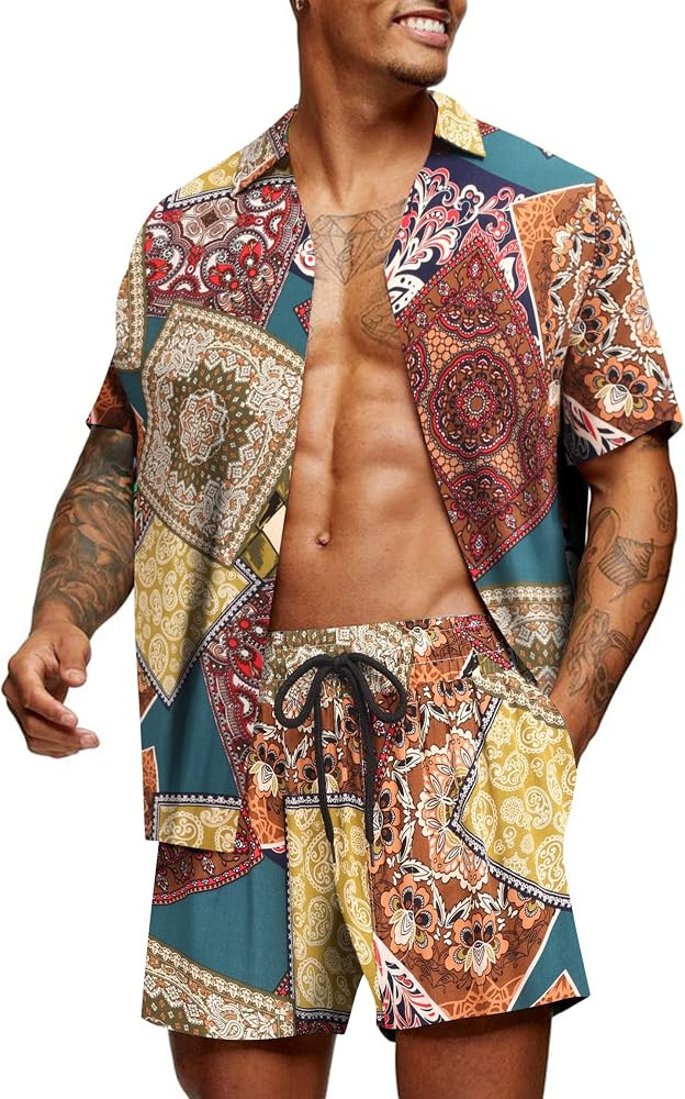 COOFANDY Men's Hawaiian 2 Piece Outfits Summer Beach Matching Set Flower Shirt and Shorts Tropica... | Amazon (US)
