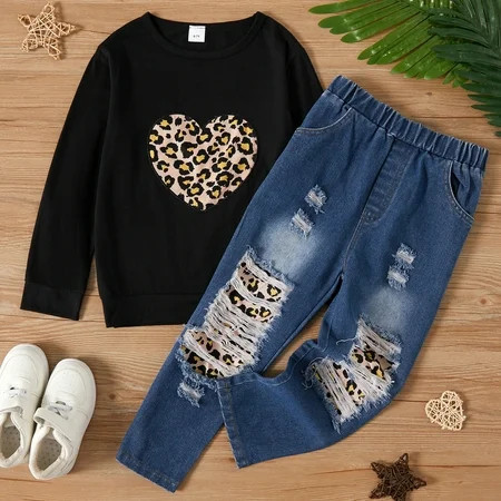 PatPat Kid Girl Leopard Heart Print Black Pullover Sweatshirt and Patchwork Ripped Jeans Denim Pants Set for Girl 2-piece Sizes 4Y-12Y | Walmart (US)