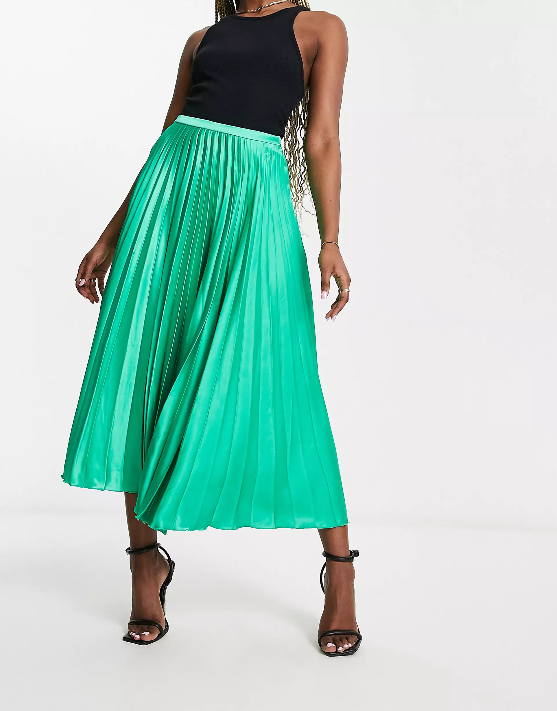 ASOS DESIGN satin pleated midi skirt in emerald green | ASOS (Global)