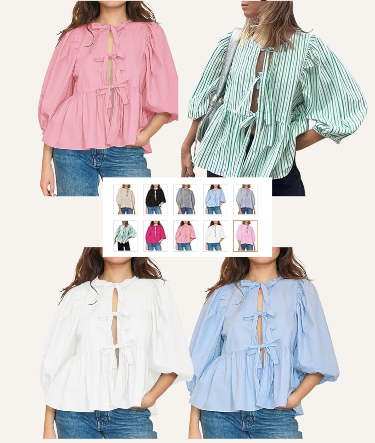 Cioatin Women Bow Tie Front Shirt Top Cute Puff Sleeve Y2K Peplum Ruffle Babydoll Blouse Lace Up ... | Amazon (US)