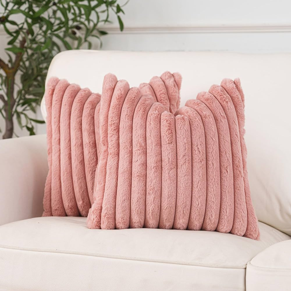 NiNi ALL Plush Throw Pillow Covers Pink 18x18 Inch Set of 2 Decorative Luxurious Pillow Cover Fau... | Amazon (US)