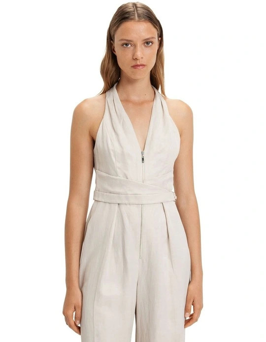Zip Front Halter Jumpsuit in Stone | Myer