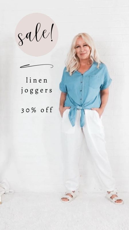 Sale! Linen joggers are 30% off. Here I paired them with sport sandals and a chambray  tie top for a summer outfit or coastal casual outfit.

#LTKOver40 #LTKSaleAlert #LTKVideo