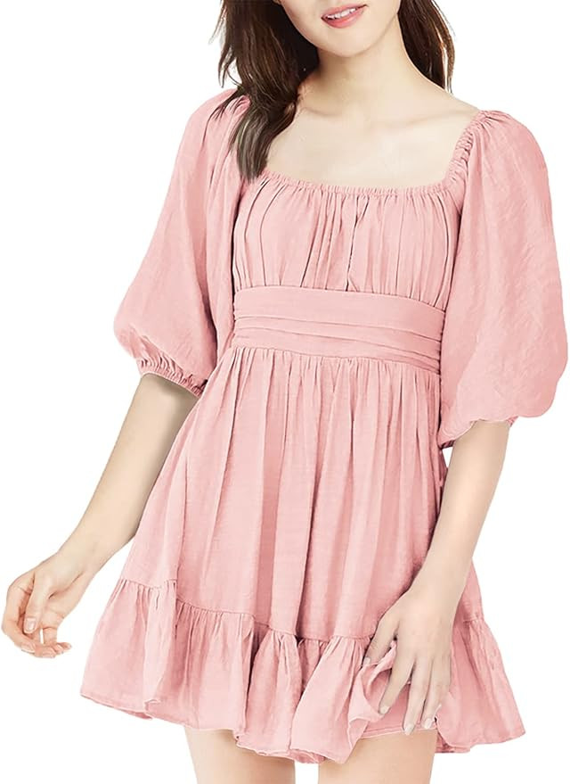 Dokotoo Womens Summer Dresses Square Neck Lantern Sleeve Tie Backless Ruffle A-Line Casual Dress | Amazon (US)