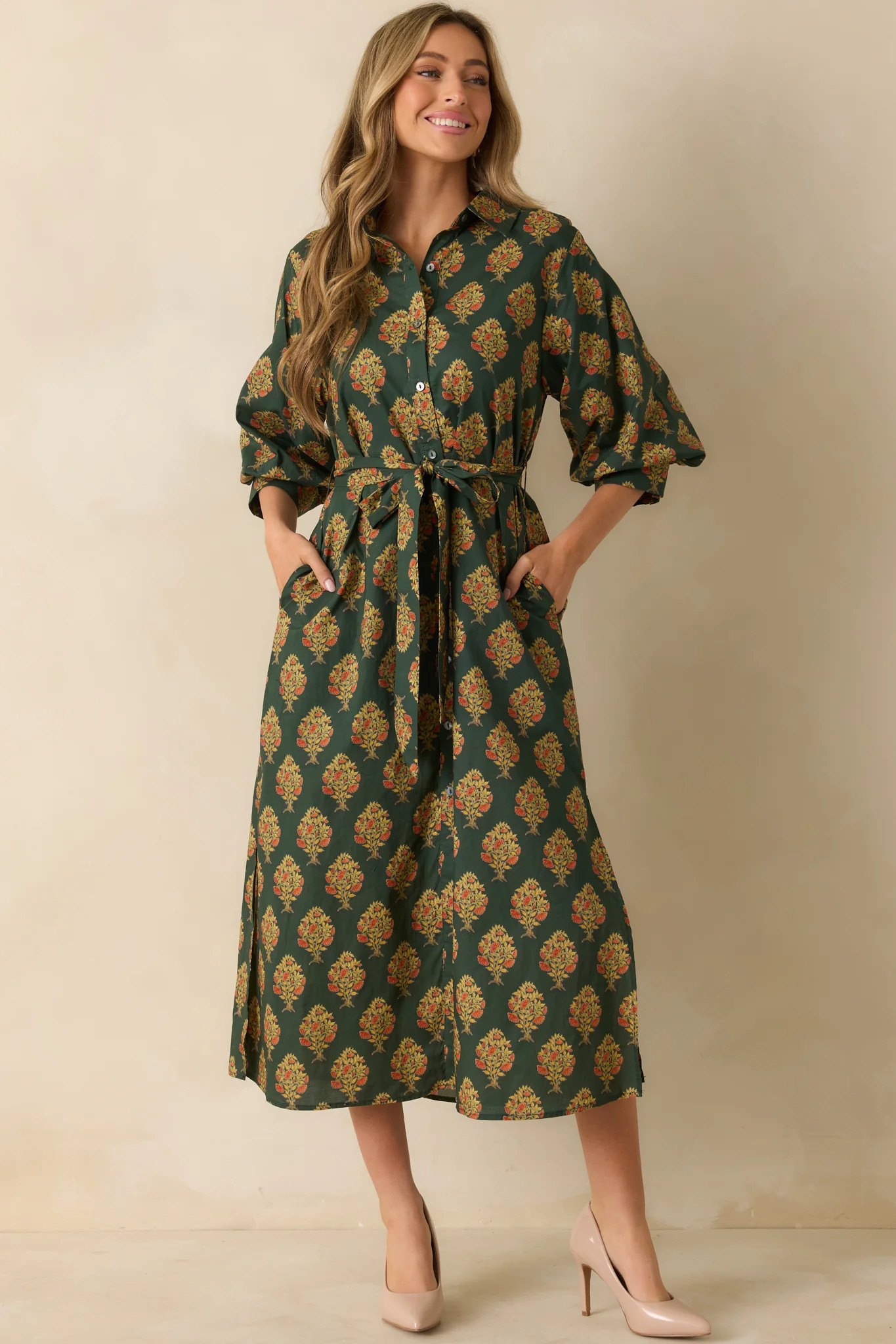 Vintage Bloom Dark Green Multi Floral Print Cotton Maxi Dress | Red Dress