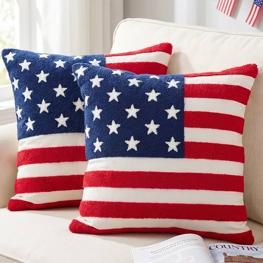 GEEORY 2-Pack Patriotic American Flag Throw Pillow Covers 18x18, Chenille Embroidered USA Flag, R... | Amazon (US)
