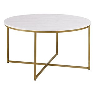 Modern Round White Faux-Marble Coffee Table with Gold Base | Homesquare