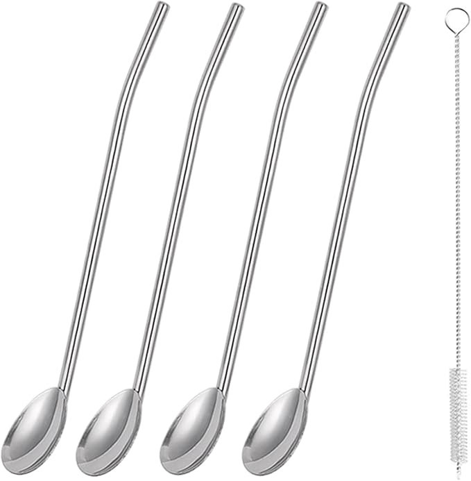 8Pcs Stainless Steel Straws Spoons, Reusable Metall Straws Spoon with 2 Cleaning Brushes,2 in 1 S... | Amazon (US)
