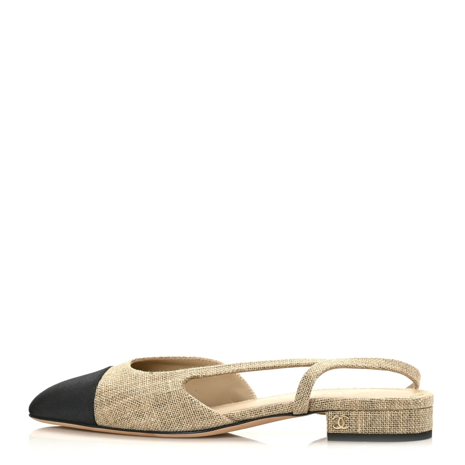 CHANEL Fabric Grosgrain Cap Toe CC Slingback Flats 37 Light Beige Black | FASHIONPHILE (US)