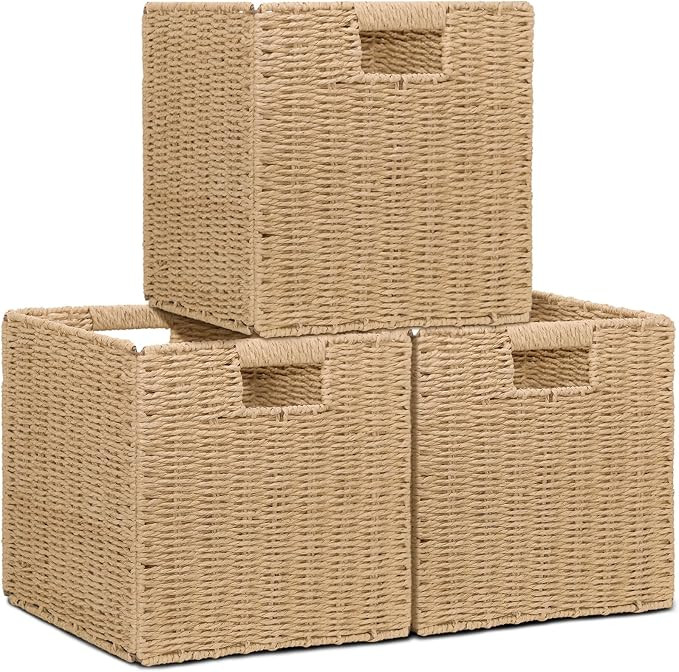 Wicker Storage Baskets for Organizing, 3 Pack Rustic Foldable Square Basket for Shelves, Handwove... | Amazon (US)