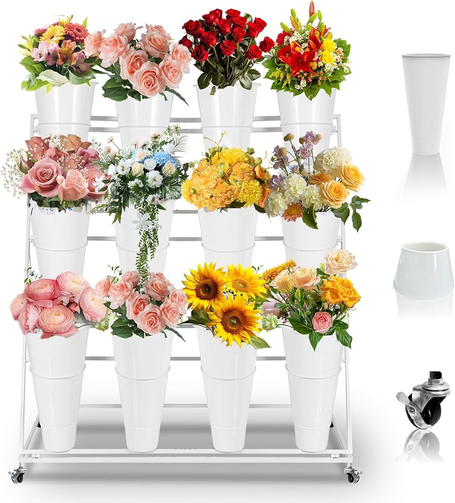 Three-Layer Flower Display Stand with Buckets, Movable Metal Flower Bar, Flower Cart Display Stan... | Amazon (US)