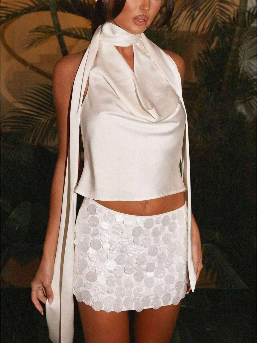 Women Halter Top Sleeveless Backless Tank Tops Cowl Neck Going Out Outfits Cami Tops With Scarf | SHEIN