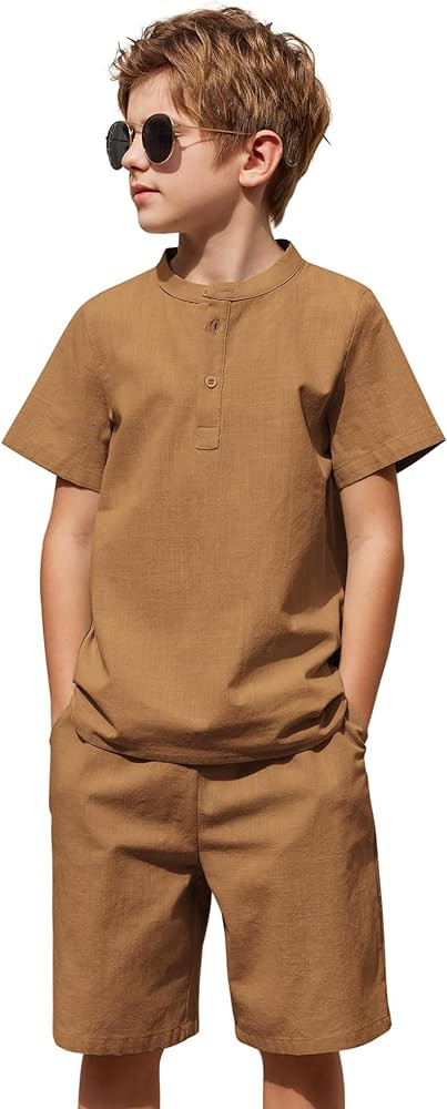 Arshiner Boy's 2 Pieces Cotton Linen Set Casual Henley Shirts Short Sleeve Beach Shorts Summer Ou... | Amazon (US)