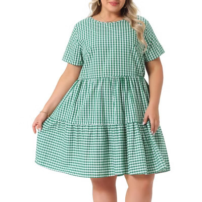 Women's Plus Size Gingham Vintage Plaid Round Neck Short Sleeve Tiered A-Line Midi Summer Dress - Agnes Orinda 1X Green | Target