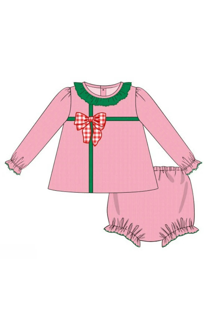 Pre-Order Applique Christmas Present Pink Corduroy Bloomer Set | The Smocked Flamingo