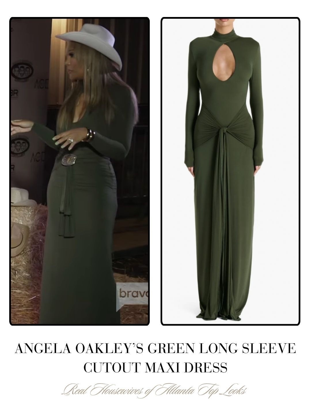 Angela Oakley’s Green Long Sleeve Cutout Maxi Dress