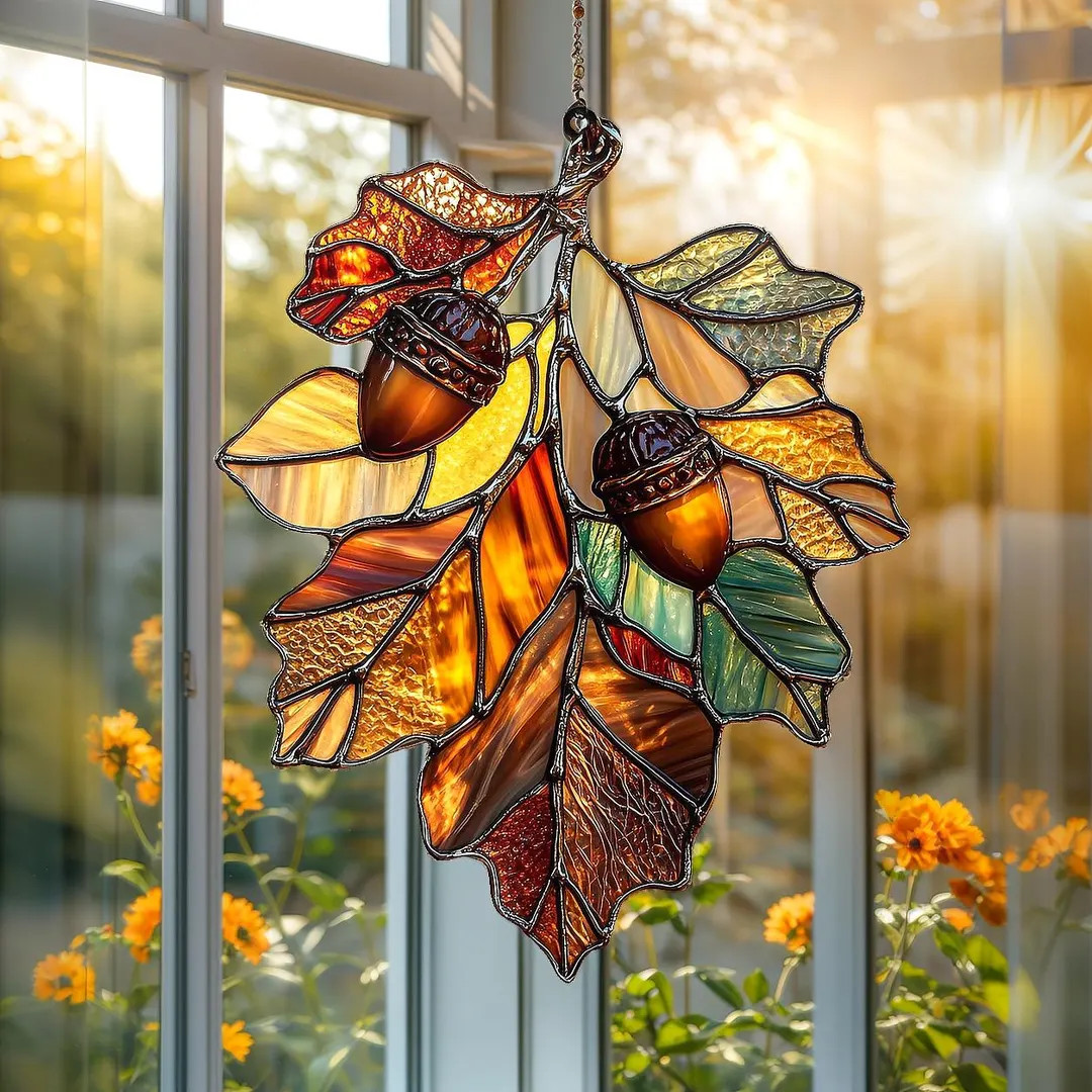 Woodland Acorn & Oak Leaf Acrylic Window Hanging – Rustic Faux Stained Glass Suncatcher, Fall H... | Etsy (US)