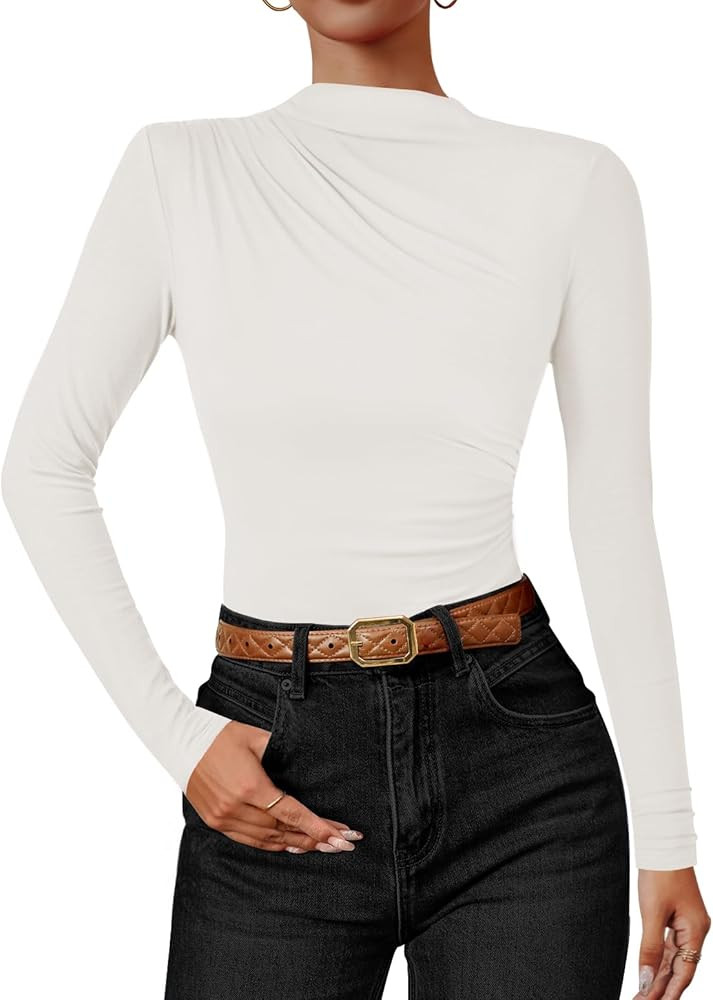 ZESICA Women's Long Sleeve Tops Mock Neck Ruched Tight Shirts 2025 Fall Trendy Outfits | Amazon (US)