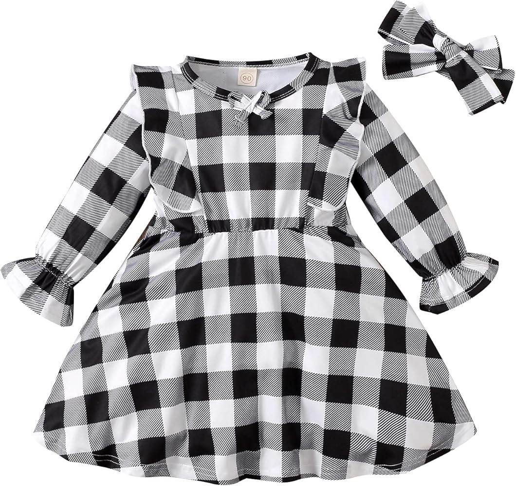Noubeau 1-7T Toddler Baby Girl Plaid Dress Kid Girl Long Sleeve Ruffle Check Dress Christmas Dres... | Amazon (US)