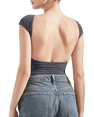 SUUKSESS Women Backless Sexy Going Out Tops Double Lined Open Back Y2k Basic Tee Shirts | Amazon (US)