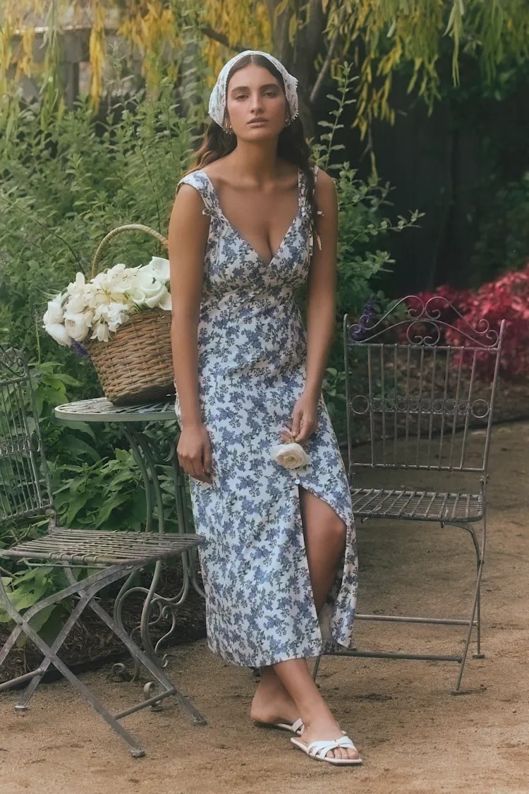 Fenley Ivory and Blue Ivory Floral Button-Front Midi Dress | Lulus