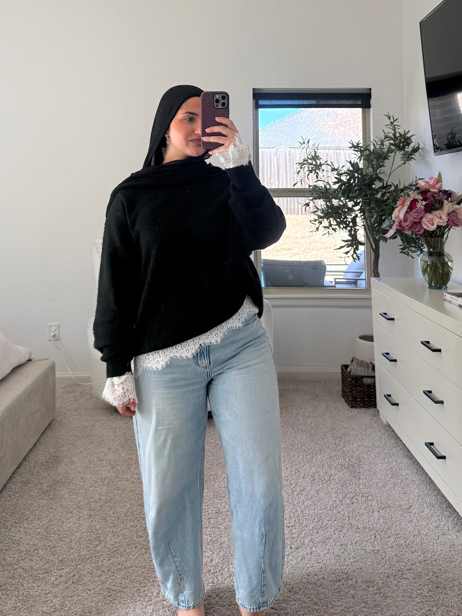 Obsessed with these cropped barrel jeans! Linking a similar black sweater, the white lace shirt is from BEMU! 