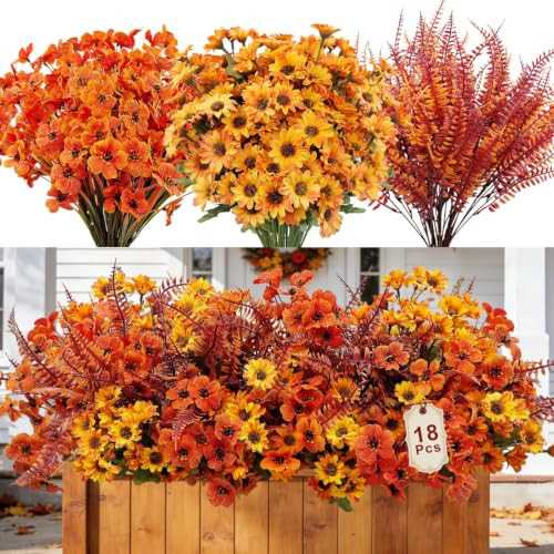 18 Bundles Artificial Fall Flowers for Outdoors Decoration UV Resistant | Amazon (US)