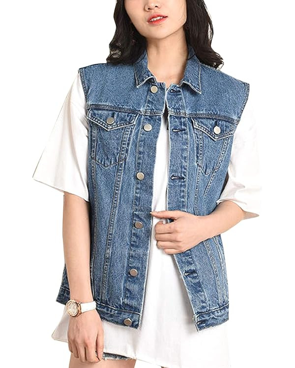 Flygo Womens Casual Plus Size Buttoned Distressed Washed Denim Vest Sleeveless Jean Jacket W Ches... | Amazon (US)