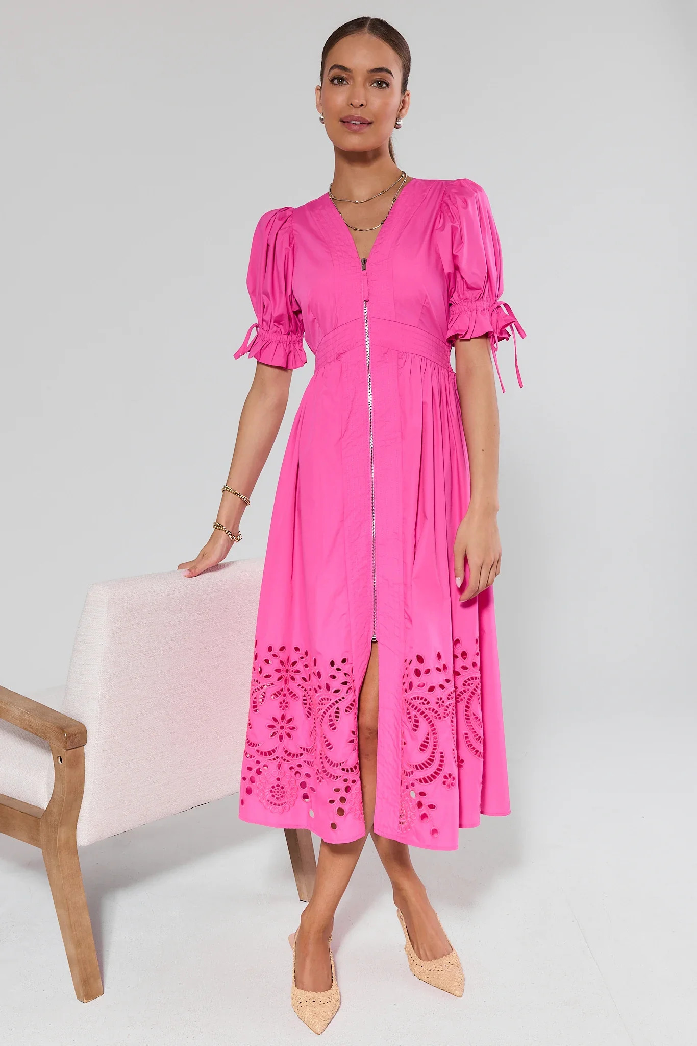 Emersyn Pink Eyelet Midi Dress | Avara