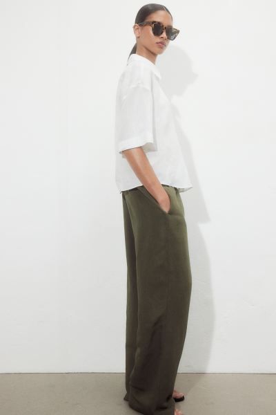 Linen-blend pull-on trousers - High waist - Long - Dark khaki green - Ladies | H&M GB | H&M (UK, MY, IN, SG, PH, TW, HK)