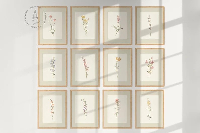 Vintage Botanical Prints Gallery Wall Set of 12, Floral Poster, Rustic Botanical Wall Art, Antiqu... | Etsy (US)
